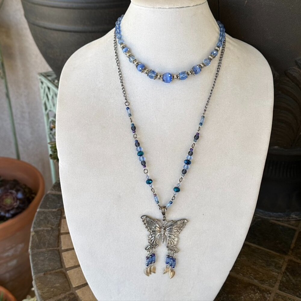 NEW - Hand Crafted Pair of Necklaces - Shades of Blue and Silver.